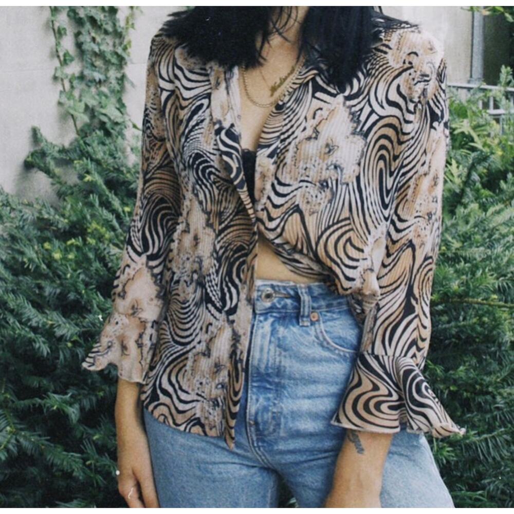 Swirl Print Sheer Button Up Y2K Blouse